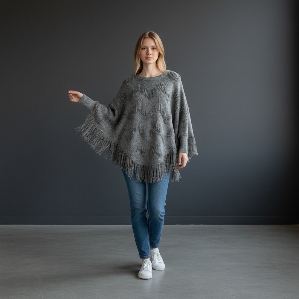 Entro Gray‎ Chevron Fringe Knit Poncho Sweater Pullover Size S